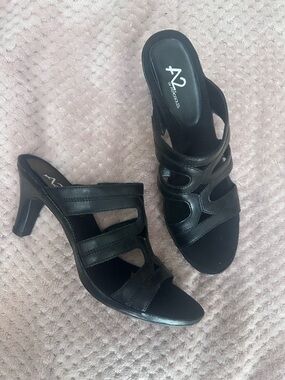 A2 By Aerosoles Black Leather Strappy Mule Heels